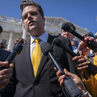 Rep. Matt Gaetz answers questions from members of the media after speaking on the House floor, at the Capitol in Washington, Monday, October 2, 2023. (AP Photo/Jacquelyn Martin)