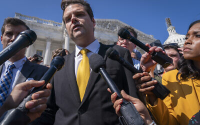 Rep. Matt Gaetz answers questions from members of the media after speaking on the House floor, at the Capitol in Washington, Monday, October 2, 2023. (AP Photo/Jacquelyn Martin)