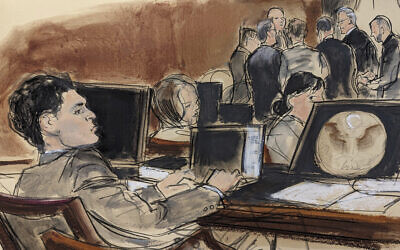 In this courtroom sketch, FTX founder Sam Bankman-Fried, foreground, sits at the defense table while Judge Lewis Kaplan and attorneys discuss final jury selection in his trial, Oct. 4, 2023, in New York. (AP Photo/Elizabeth Williams)