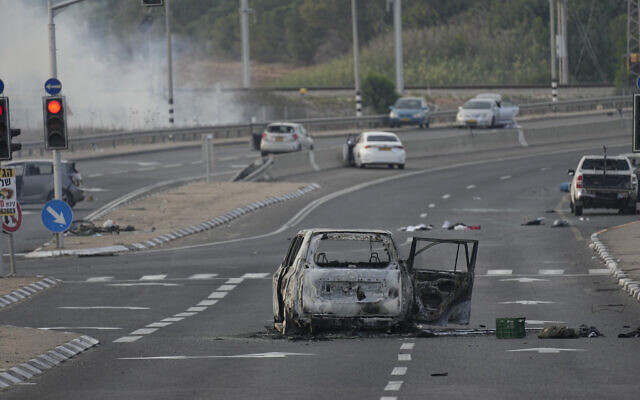 A car destroyed in an attack by Palestinian terrorists is seen in Sderot, Israel, October 7, 2023. (Ohad Zwigenberg/AP)
