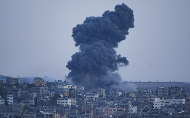 Smoke rises following an Israeli airstrike, in Gaza City, October 8, 2023. (AP Photo/ Hatem Moussa)