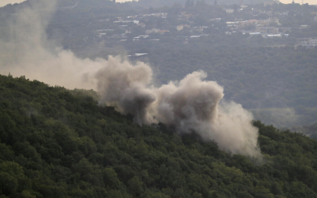 Smoke rises from Israeli shelling, in Aita al-Shaab village, South Lebanon, Oct. 9, 2023. (AP/Mohammed Zaatari)