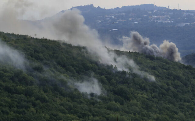 Smoke rises from Israeli shelling, in the Aita al-Shaab village, south Lebanon, October 9, 2023. (AP Photo/Mohammed Zaatari)