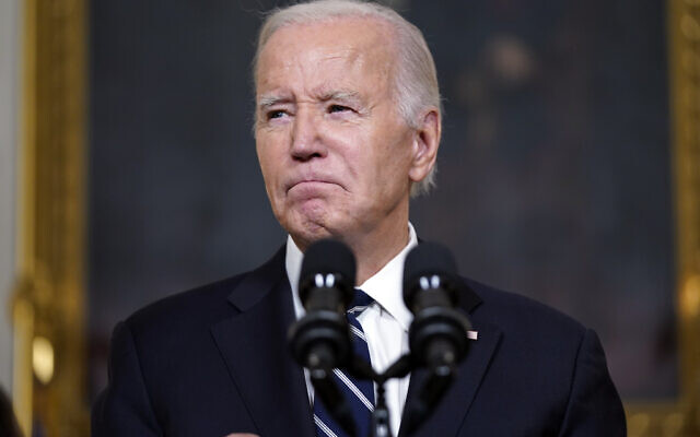 US President Joe Biden speaks on October 10, 2023, in the State Dining Room of the White House in Washington, on the war between Israel and Hamas after the terror group launched its shock attack on Israel on Saturday. (AP/Evan Vucci)