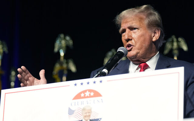 Republican presidential candidate former US president Donald Trump speaks Wednesday, Oct. 11, 2023, at Palm Beach County Convention Center in West Palm Beach, Florida (AP Photo/Rebecca Blackwell)