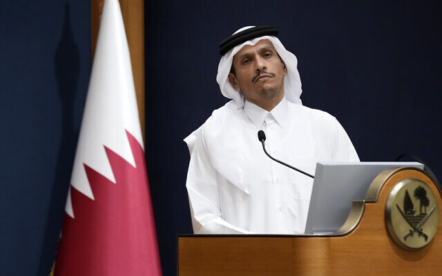 Qatar's Prime Minister and Foreign Minister Mohammed bin Abdulrahman Al Thani in Doha, Qatar, October 13, 2023. (AP Photo/Jacquelyn Martin, Pool)