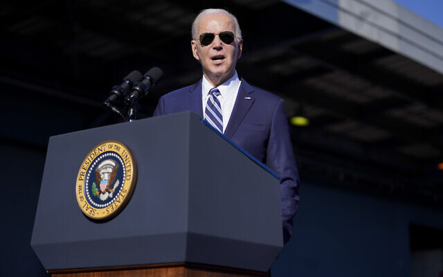 US President Joe Biden delivers remarks at Tioga Marine Terminal, Friday, Oct. 13, 2023, in Philadelphia. (AP/Evan Vucci)