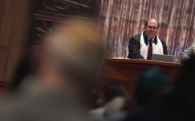 Rabbi Daniel Fellman leads Shabbat service Friday, Oct. 13, 2023, at Temple Sinai in Pittsburgh. (Jessie Wardarski/AP)
