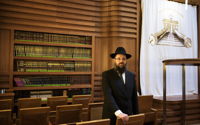 Rabbi Yehuda Teichtal poses for a portrait at the synagogue of the Chabad community prior to the first Shabbat service after the Hamas assault on Israel, in Berlin, Germany, Friday, Oct. 13, 2023. (Markus Schreiber/AP)