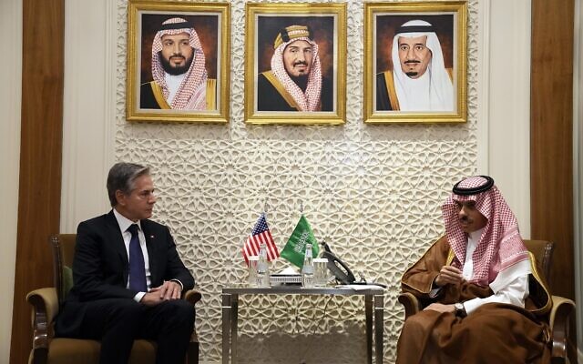 US Secretary of State Antony Blinken, left, meets with Saudi Foreign Minister Prince Faisal bin Farhan, at the Ministry of Foreign Affairs in Riyadh, Saudi Arabia, Saturday Oct. 14, 2023. (AP Photo/Jacquelyn Martin, pool)