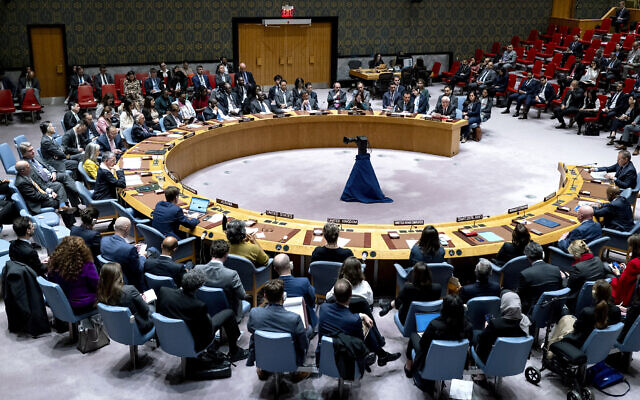 Palestinian Authority UN Ambassador Riyad Mansour, background right, addresses members of the UN Security Council at the United Nations headquarters, New York, October 16, 2023. (AP Photo/Craig Ruttle)