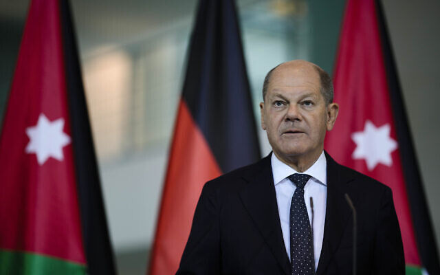 German Chancellor Olaf Scholz attends a joint news conference with Jordan's King Abdullah II after a meeting at the chancellery in Berlin, Germany, Oct. 17, 2023. (AP Photo/Markus Schreiber)