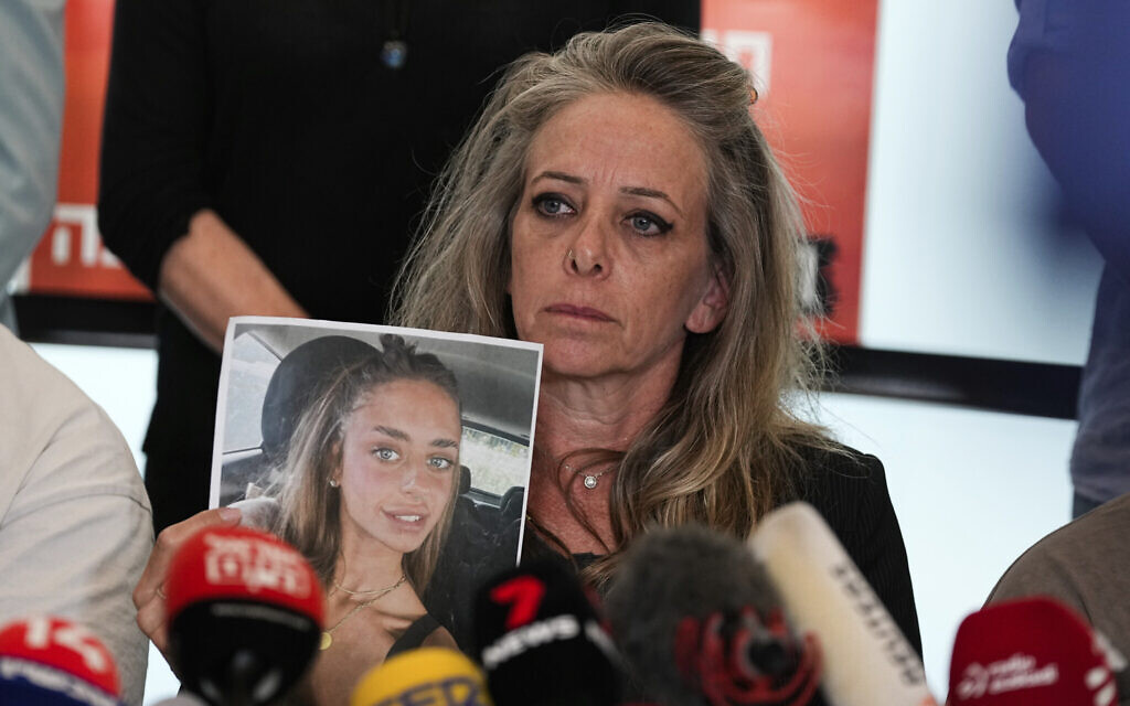 Keren, mother of Mia Schem, and representatives of the families of the abducted people held by Hamas terrorists in Gaza hold a press conference following the release of a video by Hamas, in which the 21-year-old Israeli woman is seen. (AP Photo/Ohad Zwigenberg)
