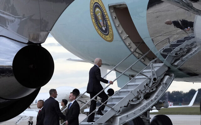 US President Joe Biden walks up the steps of Air Force One at Andrews Air Force Base, Maryland, Tuesday, Oct. 17, 2023, as he heads to Israel. (AP/Susan Walsh)