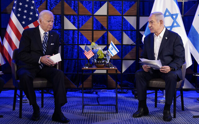 President Joe Biden meets with Israeli Prime Minister Benjamin Netanyahu, Wednesday, Oct. 18, 2023, in Tel Aviv. (AP/Evan Vucci)