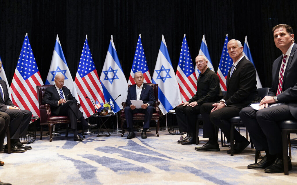 US President Joe Biden and Prime Minister Benjamin Netanyahu participate in an expanded meeting with Israeli and US government officials, Wednesday, Oct. 18, 2023, in Tel Aviv. (AP/Evan Vucci)