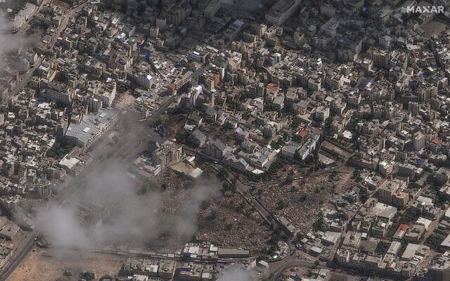 An overview of the al-Ahli Hospital (center) in Gaza City after a deadly explosion on October 17, which according to AP video analysis and other investigations was likely caused by a failed rocket launch from within the enclave. (Satellite image ©2023 Maxar Technologies via AP)