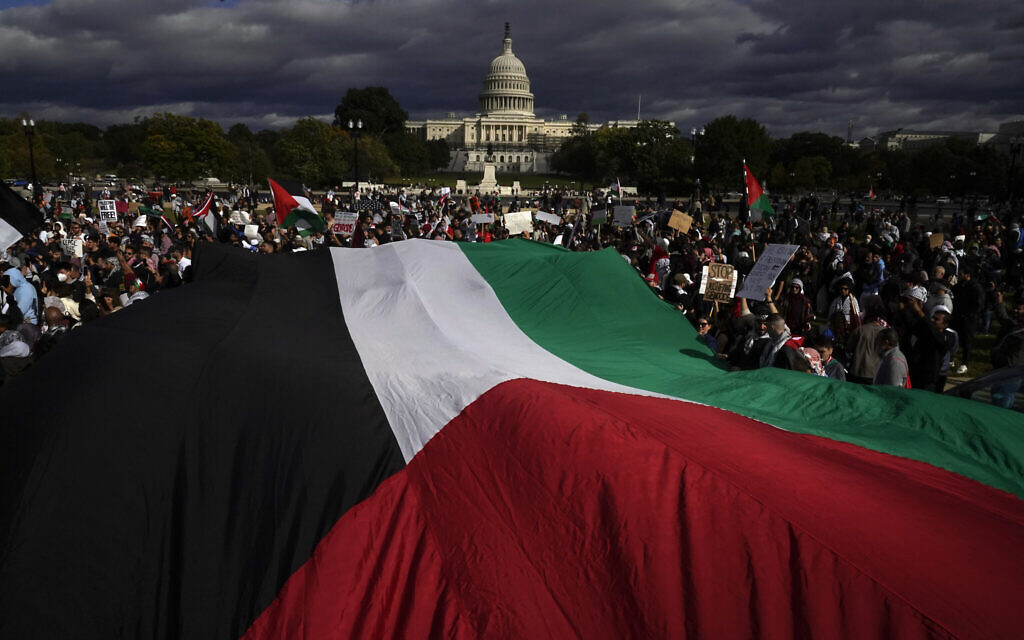 People march towards the US Capitol during a pro-Palestinian march, Oct. 21, 2023, in Washington. (AP Photo/Andrew Harnik)