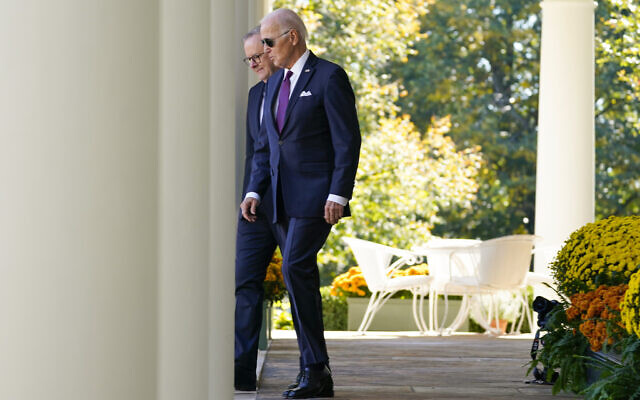 US President Joe Biden and Australia's Prime Minister Anthony Albanese walk from the Oval Office to a news conference in the Rose Garden of the White House in Washington, Wednesday, Oct. 25, 2023. (AP Photo/Evan Vucci)