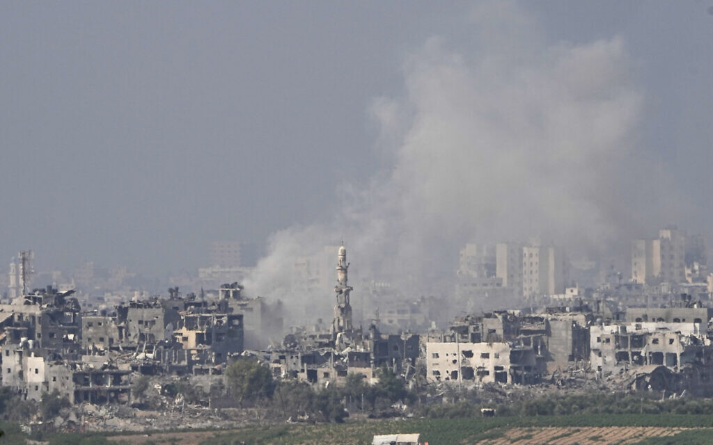 Smoke rises following an Israeli airstrike in the Gaza Strip, as seen from southern Israel, Oct. 28, 2023. (AP Photo/Ohad Zwigenberg)
