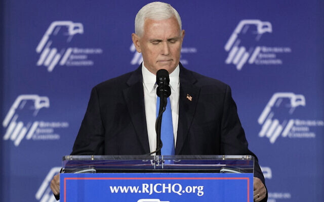 Former US vice president Mike Pence speaks at an annual leadership meeting of the Republican Jewish Coalition, October 28, 2023, in Las Vegas. (AP Photo/John Locher)