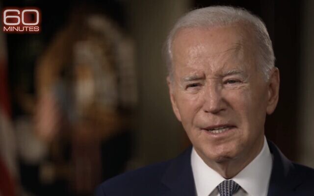 Screen capture from video of US President Joe Biden during an interview with CBS's "60 Minutes," October 15, 2023. (X. Used in accordance with Clause 27a of the Copyright Law)