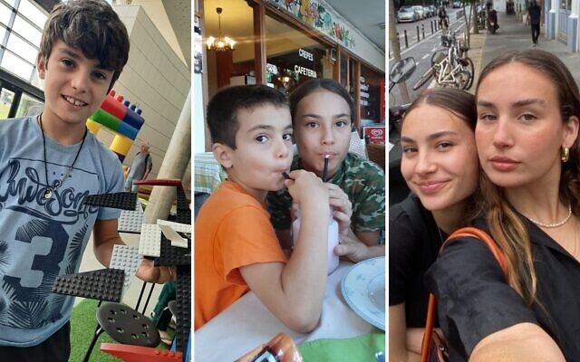 Composite images of Erez Calderon, 12, and his sisters Gaya Calderon, 21, and Sa'ar Calderon, 16. Erez was seen an a video being taken by Palestinian terrorists on October 7, 2023. Sa'ar Calderon and her father Ofer Calderon are missing. (Courtesy of the Calderon family)
