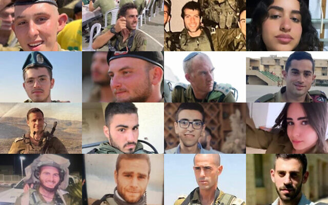 This collage shows several Israeli soldiers and officers who were killed in action on the Gaza border, October 7, 2023. (Israel Defense Forces)