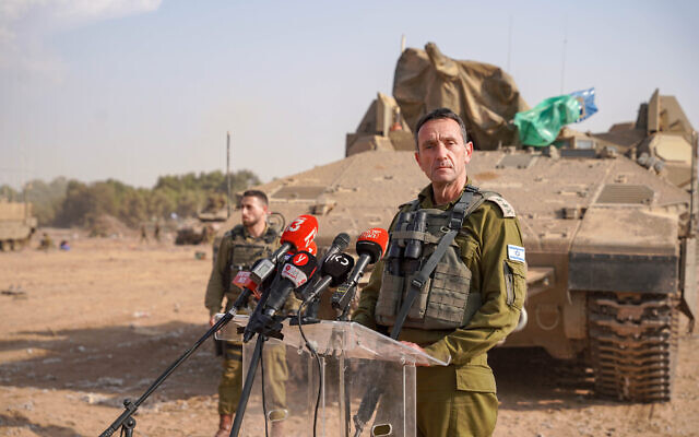 IDF Chief of Staff Lt. Gen. Herzi Halevi speaks to media near the Gaza border, on October 24, 2023. (Emanuel Fabian/ Times of Israel)