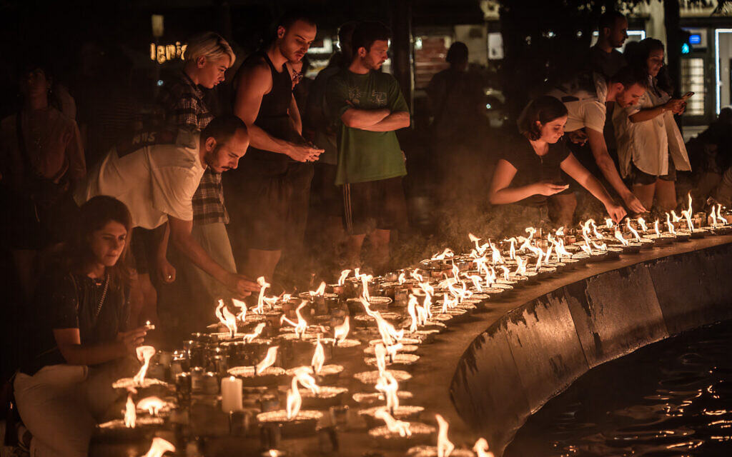 A scene from the 1300 Candle Vigil in Dizengoff Square in Tel Aviv, on October 12, 2023. (Eli Katzoff)