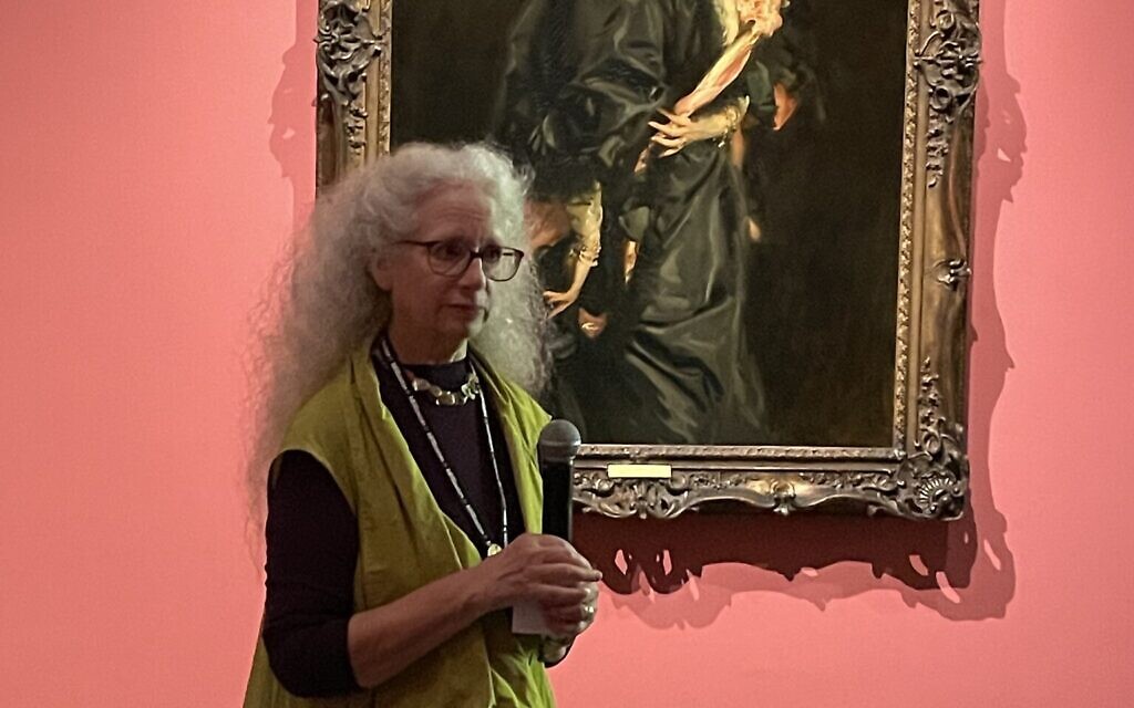 Erica Hirshler, the Boston Museum of Fine Art's Croll senior curator of American paintings, speaks about the 1907 portrait of Lady Sassoon (Aline de Rotschild), by John Singer Sargent, at the Museum of Fine Arts, Boston. (Penny Schwartz)