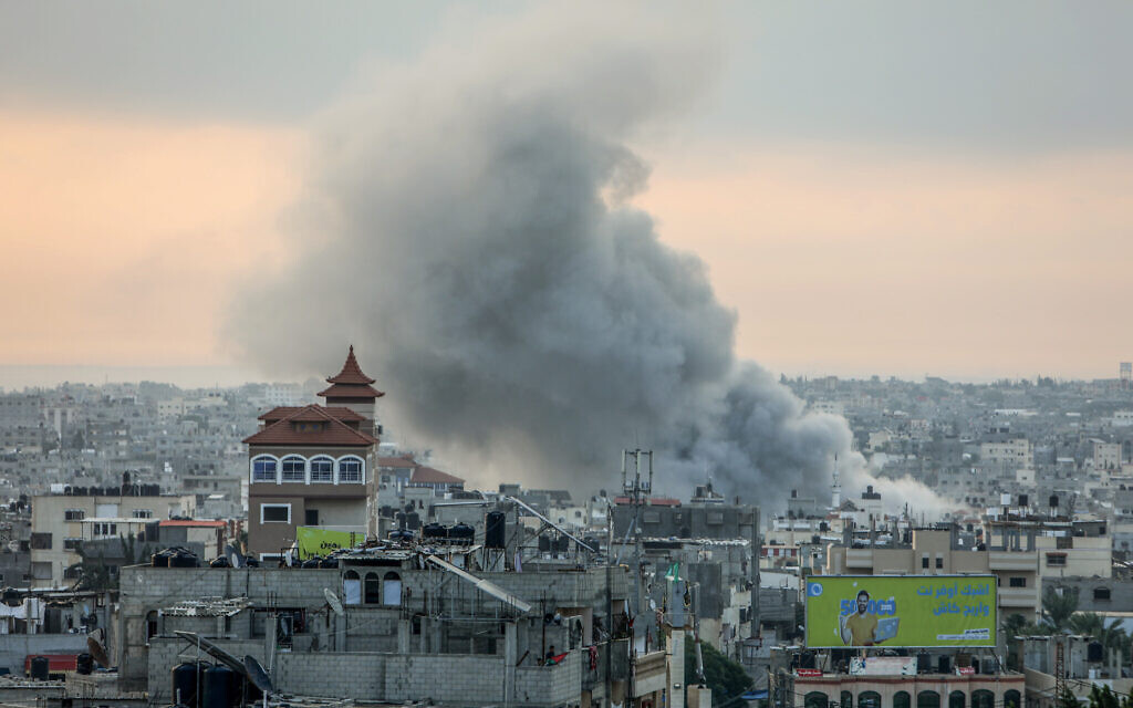 Smoke rises after Israeli air strikes near the border east of the city of Rafah in the southern Gaza Strip, October 8, 2023. (Abed Rahim Khatib/Flash90)