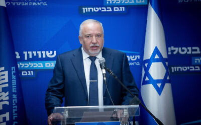 Yisrael Beytenu party chief Avigdor Liberman holds a faction meeting at the Knesset, October 9, 2023. (Oren Ben Hakoon/Flash90)
