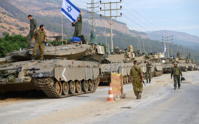 IDF Armored forces at a staging area in Upper Galilee, near the northern Israeli border with Lebanon, October 11, 2023. (Ayal Margolin/Flash90)