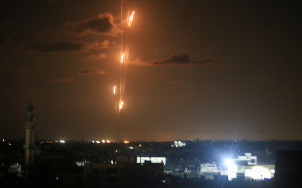 Rockets are fired by Gazan terrorists toward Israeli cities, October 16 2023. (Abed Rahim Khatib/Flash90)