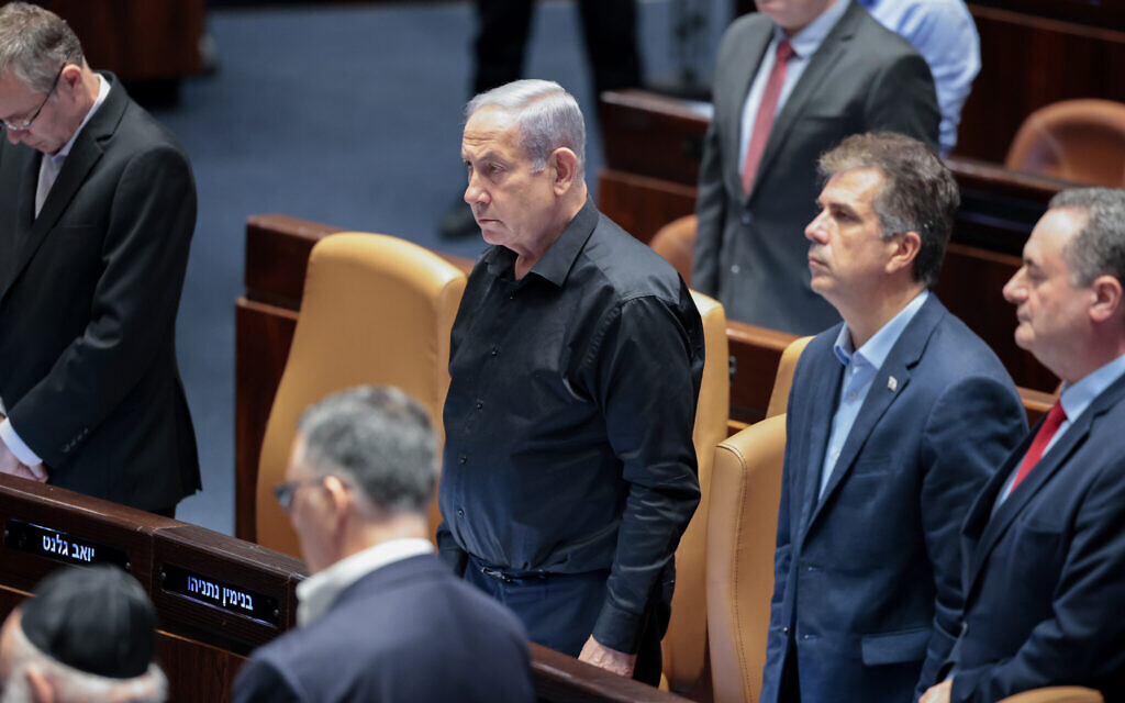 Prime Minister Benjamin Netanyahu attends a plenum session in the Knesset in Jerusalem on October 16, 2023. (Noam Revkin Fenton/Flash90)