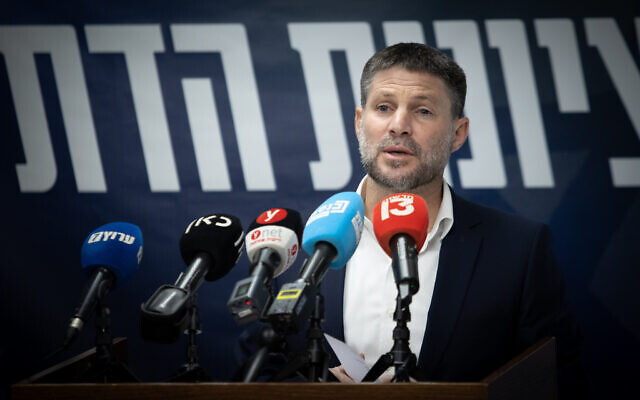 Finance Minister and Head of the Religious Zionist Party Bezalel Smotrich leads a faction meeting at the Knesset, the Israeli parliament in Jerusalem, October 23, 2023. (Oren Ben Hakoon/Flash90)