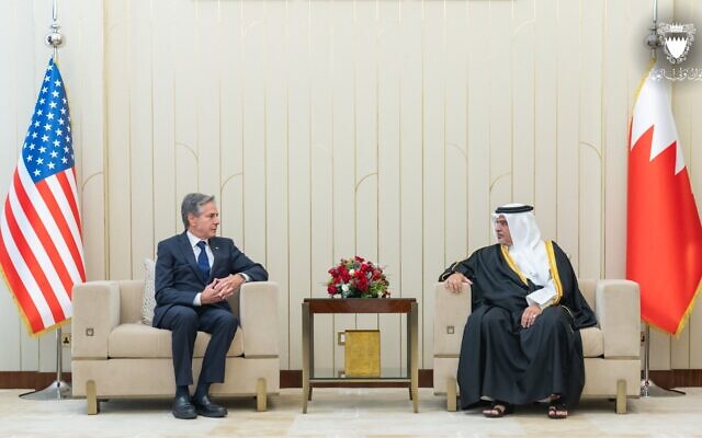US Secretary of State Antony Blinken meets with Bahraini Crown Prince Salman bin Hamad Al Khalifa in Manama on October 13, 2023. (Crown Prince Court)