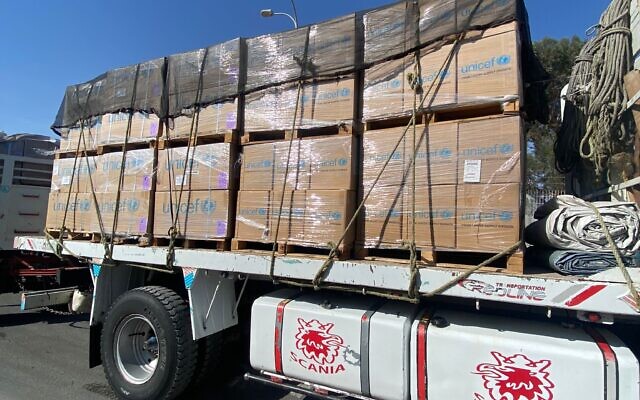 A truck of humanitarian aid enters Gaza from Egypt on October 30, 2023. (COGAT/X)