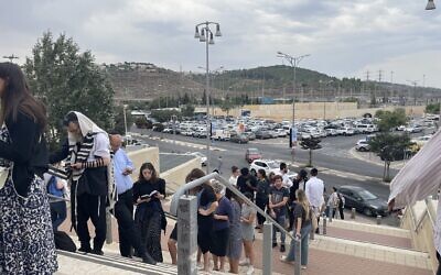 Part of the long line of MDA blood donors at Jerusalem's Pais Arena on October 10, 2023 (Jessica Steinberg/ Times of Israel)