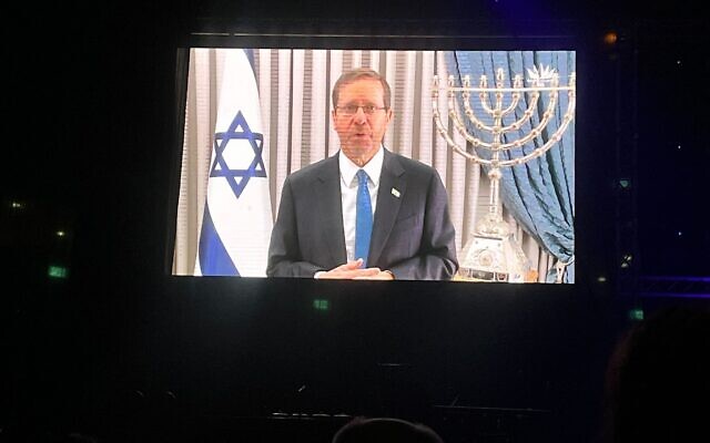 President Isaac Herzog addresses a gathering of the International Christian Embassy Jerusalem in the capital on October 3, 2023. (Lazar Berman/Times of Israel)