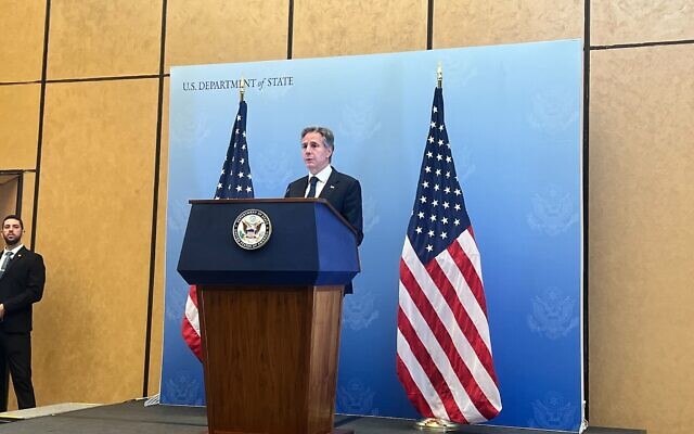 US Secretary of State Antony Blinken holds a press conference in Tel Aviv, October 12, 2023. (Lazar Berman/Times of Israel)