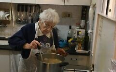 Ditza Heiman, 84, in her Kibbutz Nir Oz kitchen, was taken captive by Hamas on October 7, 2023. Heiman was released on November 28, 2023. (Courtesy)