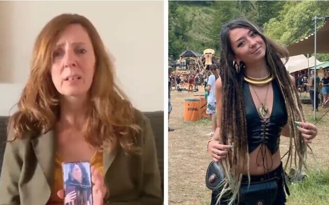 (L) Ricarda Louk holds up a photo of her daughter Shani, who was abducted by Hamas terrorists on October 7, 2023. Photo on right is of Shani Louk. (courtesy, screen capture/X; used in accordance with Clause 27a of the Copyright Law)