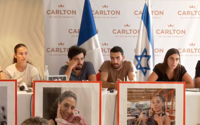 Relatives of French-Israelis held captive by Hamas in Gaza hold a press conference on October 12, 2023. (Screenshot)