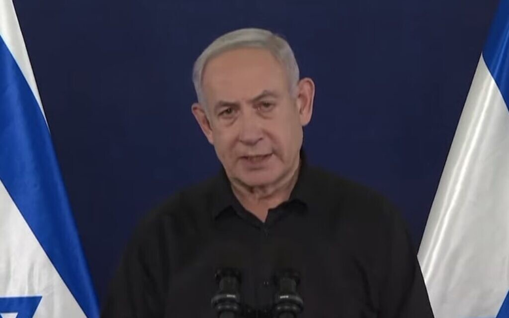 Prime Minister Benjamin Netanyahu addresses the public from Tel Aviv on October 25, 2023. (Screen capture/YouTube)