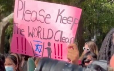 FILE - An antisemitic sign at a pro-Palestinian protest of NYU students and others in Manhattan's Washington Square Park on October 25, 2023. (Screen capture/X)