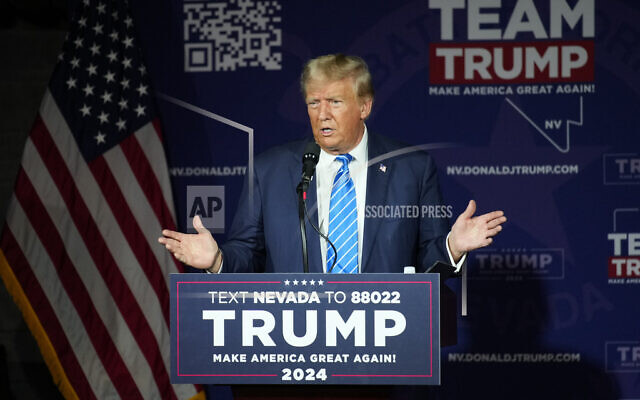 Republican presidential candidate and former President Donald Trump speaks at a campaign event, Saturday, Oct. 28, 2023, in Las Vegas. (AP Photo/John Locher)