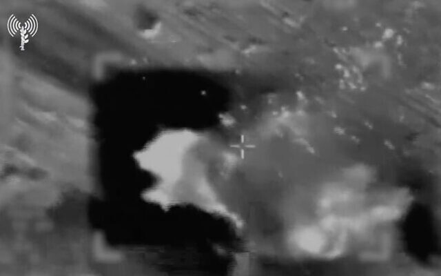 Screenshot from footage released by IDF showing strikes on terrorists near Gaza, on October 7, 2023. (Screenshot/IDF)