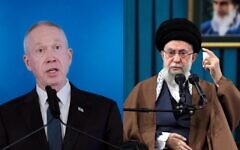 A composite image of Defense Minister Yoav Gallant and Iranian Ayatollah Ali Khamenei. (AP)